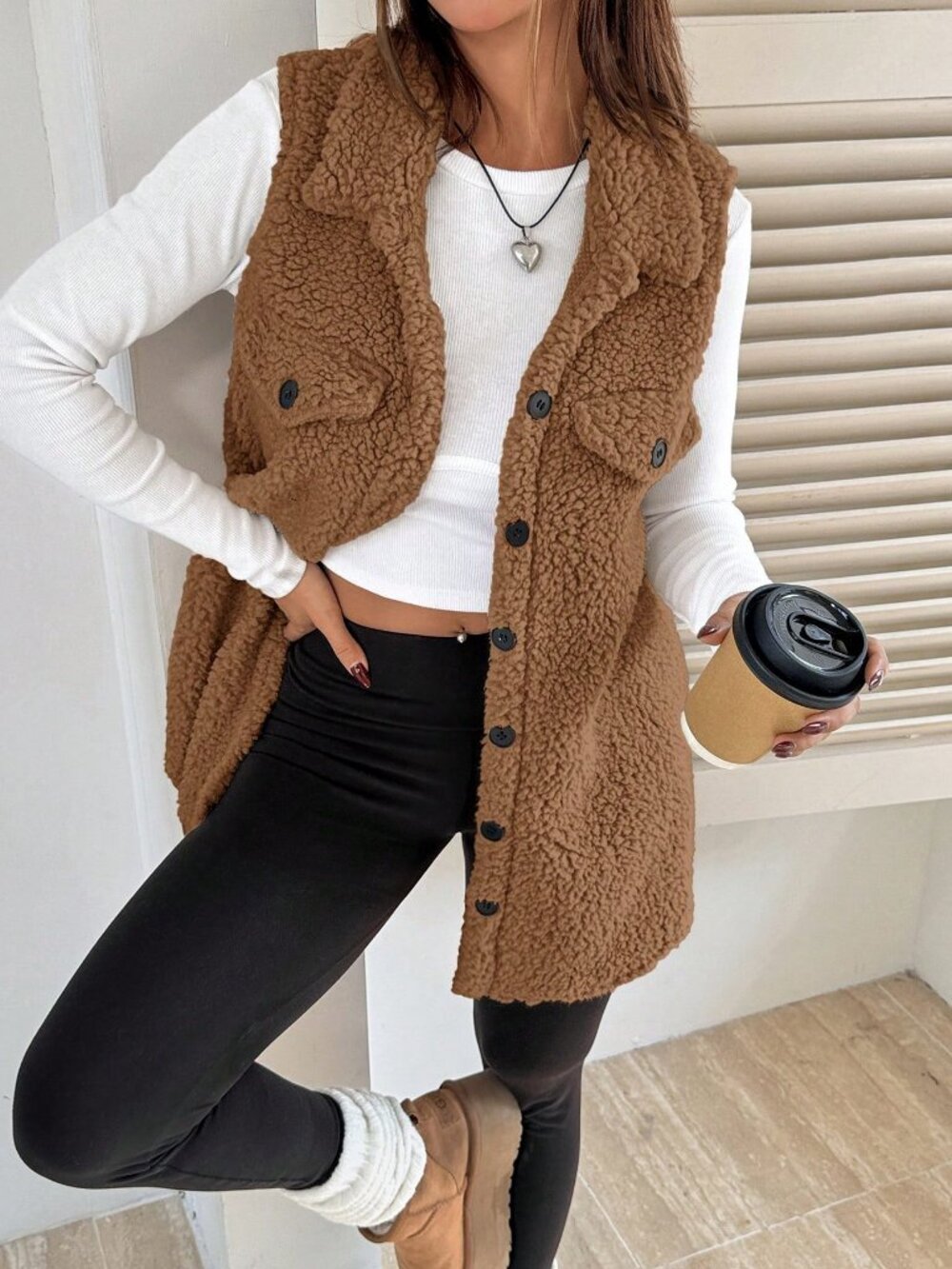 Camel Casual Women's Flap Detail Teddy Vest Coat